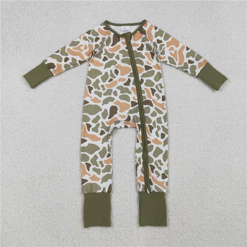 11.3 RTS NO MOQ （In stock）Matching LR2578 Baby Boys Green Yellow Camo Western Zipper Footie Rompers