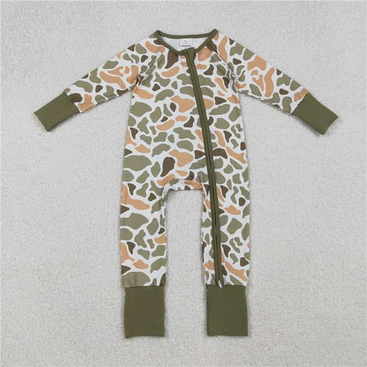11.3 RTS NO MOQ （In stock）Matching LR2578 Baby Boys Green Yellow Camo Western Zipper Footie Rompers