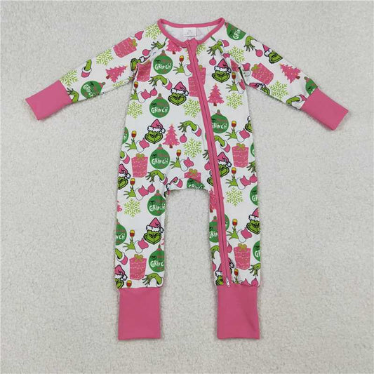 10.28 RTS NO MOQ （In stock）Matching Christmas LR2588 Baby Girls Green Face Gifts Christmas Zipper Footie Rompers