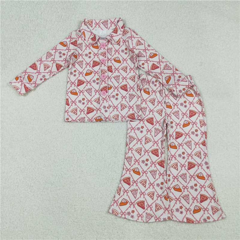 12.6 RTS NO MOQ （In stock）Matching GLP2738 Baby Girls Bows Flowers Pie Checked Button Top Pant Thanksgiving Pajamas Set
