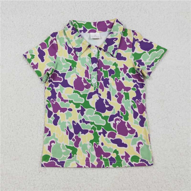 10.29 RTS NO MOQ （In stock）Matching Mardi Gras BT1345 Baby Boys Mardi Gras Purple Green Yellow Camo Button Polo Shirts Tops