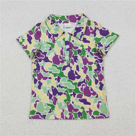 10.29 RTS NO MOQ （In stock）Matching Mardi Gras BT1345 Baby Boys Mardi Gras Purple Green Yellow Camo Button Polo Shirts Tops