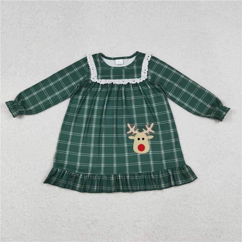 11.20 RTS NO MOQ （In stock）GLD0561 Embroidery Deer Baby Girls Green Checkered Christmas Knee Length Dresses