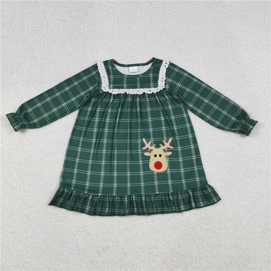 12.3 RTS NO MOQ （In stock）Matching Christmas GLD0561 Embroidery Deer Baby Girls Green Checkered Christmas Knee Length Dresses