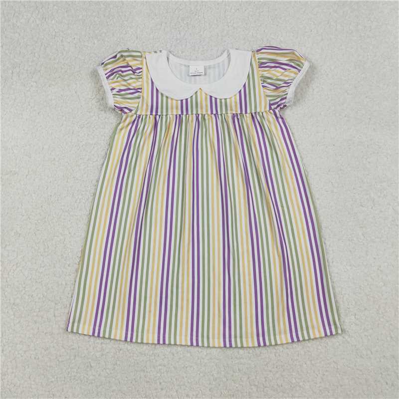 12.17 RTS NO MOQ （In stock）GSD1571 Baby Girls Mardigras Stripes Collar Knee Length Dresses