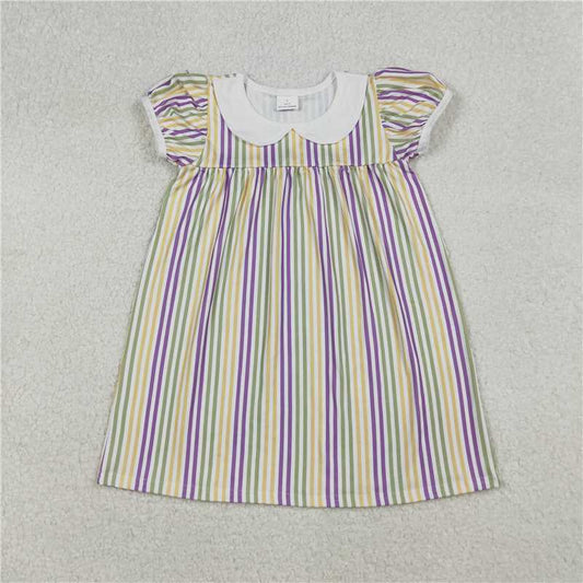 12.17 RTS NO MOQ （In stock）GSD1571 Baby Girls Mardigras Stripes Collar Knee Length Dresses