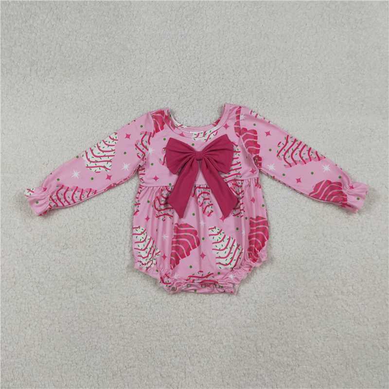 11.27 RTS NO MOQ （In stock）LR2586 Baby Girls Pink Stripe Trees Stars Bow Top Christmas Ruffle Rompers