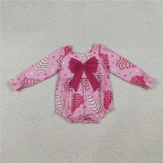 11.29 RTS NO MOQ （In stock）Matching Christmas LR2586 Baby Girls Pink Stripe Trees Stars Bow Top Christmas Ruffle Rompers