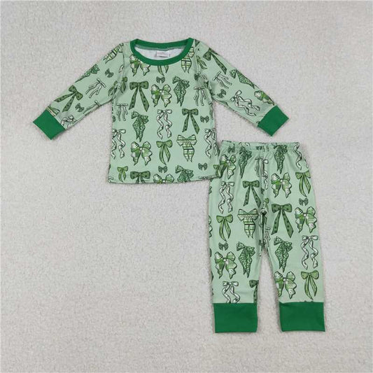 11.6 RTS NO MOQ （In stock）Matching GLP2840 Baby Girls Green Clovers Leopard Bows Top Pants St Patrick Pajamas Sets