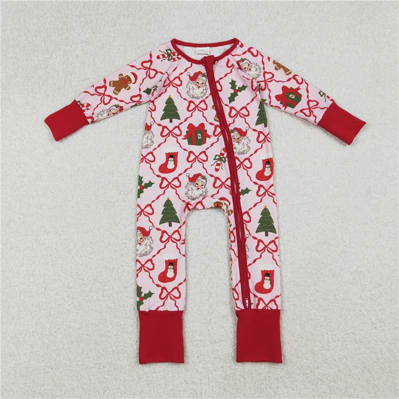10.28 RTS NO MOQ （In stock）Matching Christmas LR2632 Baby Girls Red Bows Santa Gifts Checked Christmas Zipper Footie Rompers