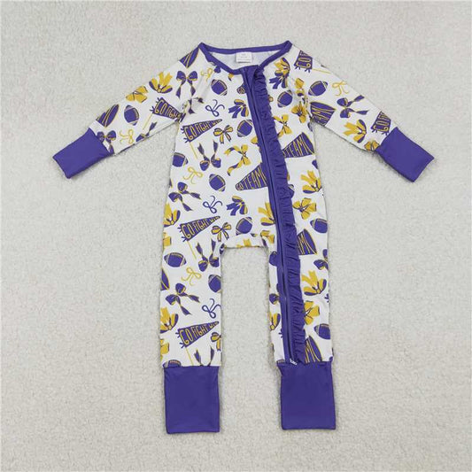 10.18 RTS NO MOQ （In stock） Matching LR2513 Baby Girls Team Purple Bows Footballs Ruffle Zipper Footie Rompers