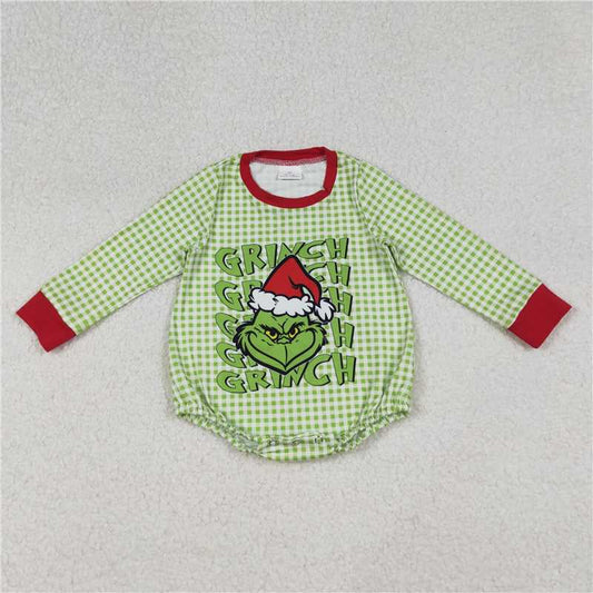 10.30 RTS NO MOQ （In stock）Matching Christmas LR2555 Baby Boys Green Face Christmas Checked Rompers