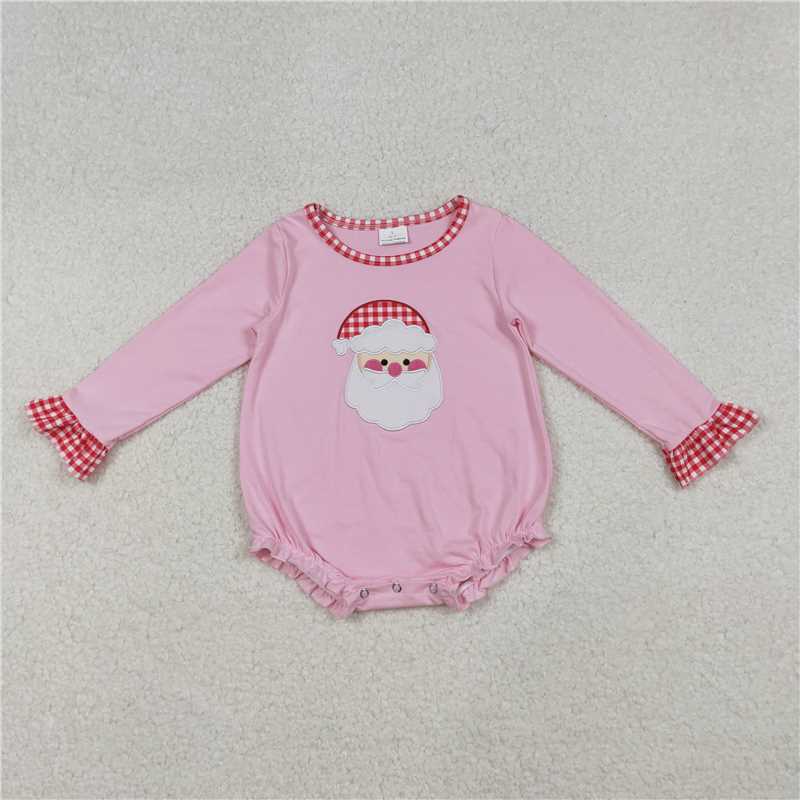 11.28 RTS NO MOQ （In stock）LR1733 Embroidery Santa Baby Girls Pink Long Ruffle Sleeve Christmas Rompers