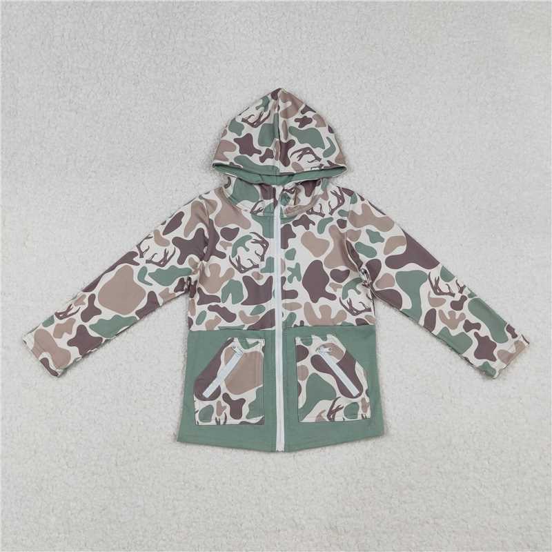 10.31 RTS NO MOQ （In stock）Matching BT1335 Baby Boys Brown Deer Camo Pocket Zipper Western Hoodies Top