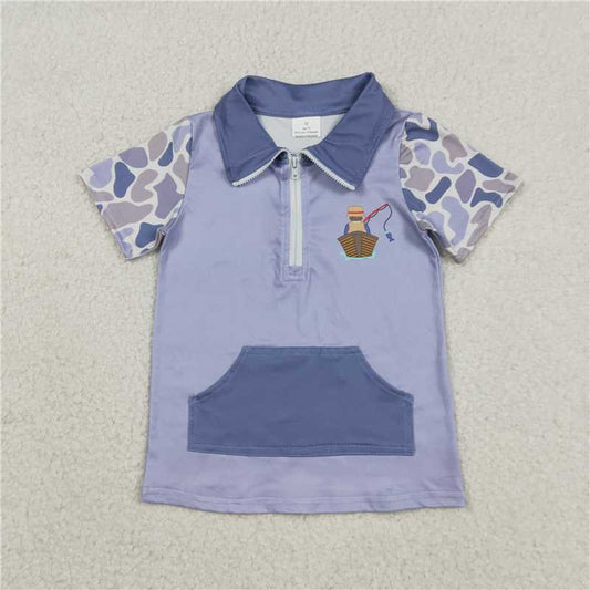 1.13 RTS NO MOQ （In stock）Matching BT1533 Baby Boys Blue Camo Short Sleeve Fishing Zipper Pockets Hunting Pullovers Top
