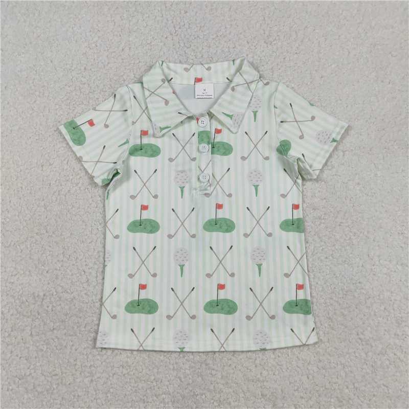 1.13 RTS NO MOQ （In stock）Matching BT1584 Baby Boys Green Stripe Golf Flags Button Polo Shirts Top