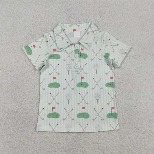 1.13 RTS NO MOQ （In stock）Matching BT1584 Baby Boys Green Stripe Golf Flags Button Polo Shirts Top
