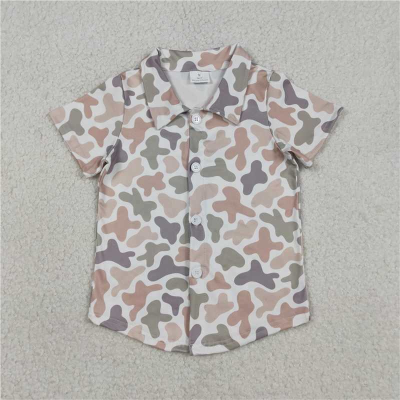 1.13 RTS NO MOQ （In stock）Matching BT1564 Baby Boys Southern Light Grey Khaki Camo Button Shirts Top