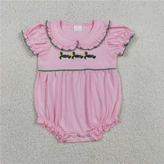 SR3532 RTS NO MOQ （In stock）Pink short sleeves duck embroidery baby girls romper