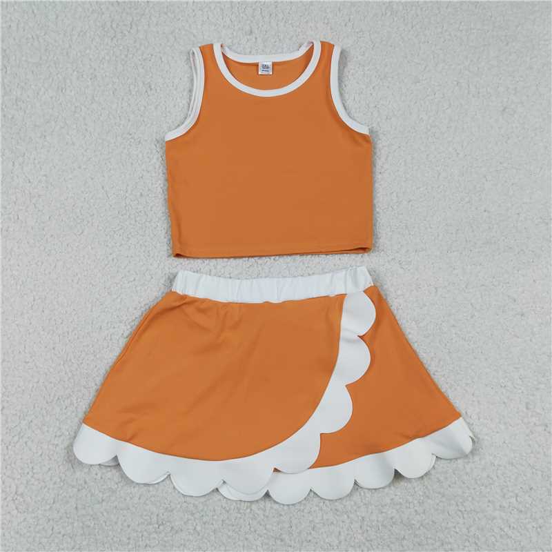 USA Warehouse (IN STOCK) GSD4033 Sleeveless orange white scallop girls team active wear set