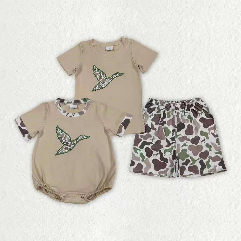 12.26 RTS Sibling Baby Boys Embroidery Camo Ducks Hunting Top Shorts Hunting Clothes Set Rompers