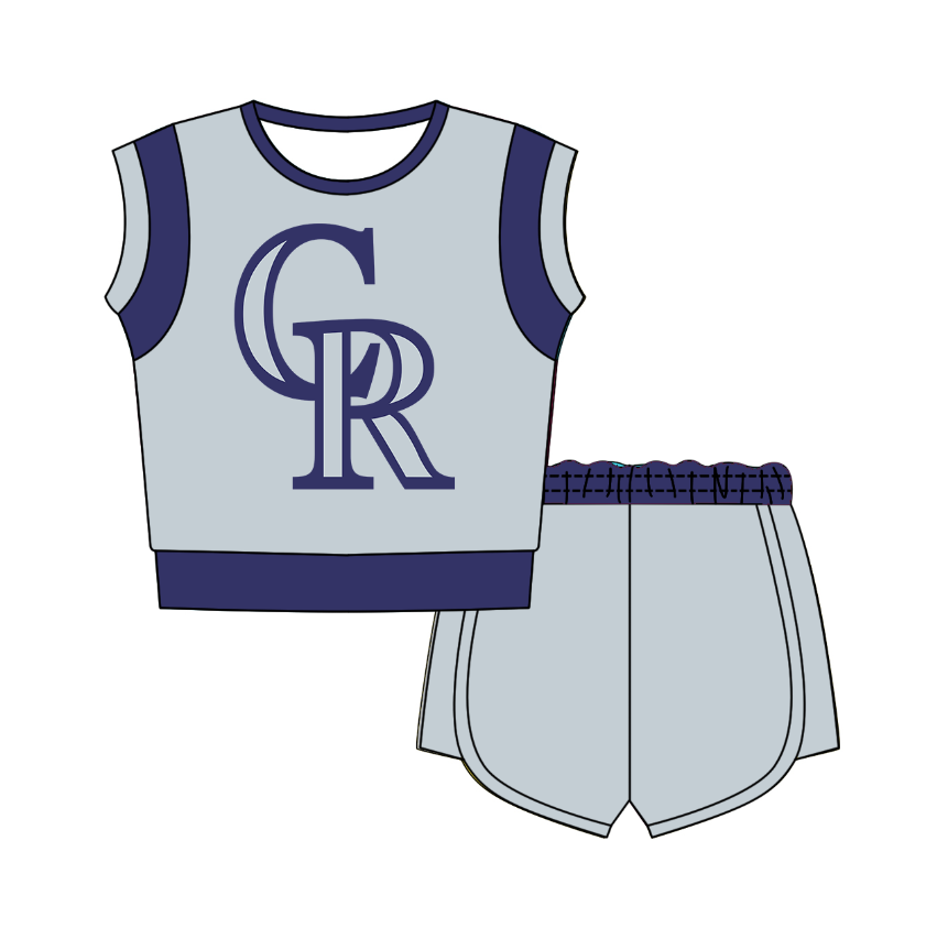 CUSTOM MOQ 5 Cute Comfortable Clothing For Kids Baby Kids Summer Blue CR Sleeveless Patchwork Top Shorts Clothes Sets