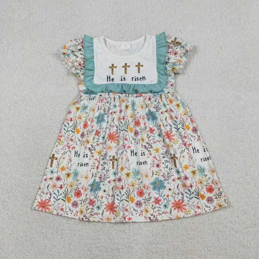 1.21 RTS Sibling Baby Girls He is Risen Crosses Flowers Easter Knee Length Dresses Rompers