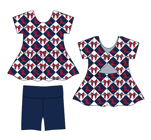 CUSTOM MOQ 5 Baby Girl Clothes Haze Blue Bow Plaid Team Short Sleeve Shorts Yoga Active Clothes Sets