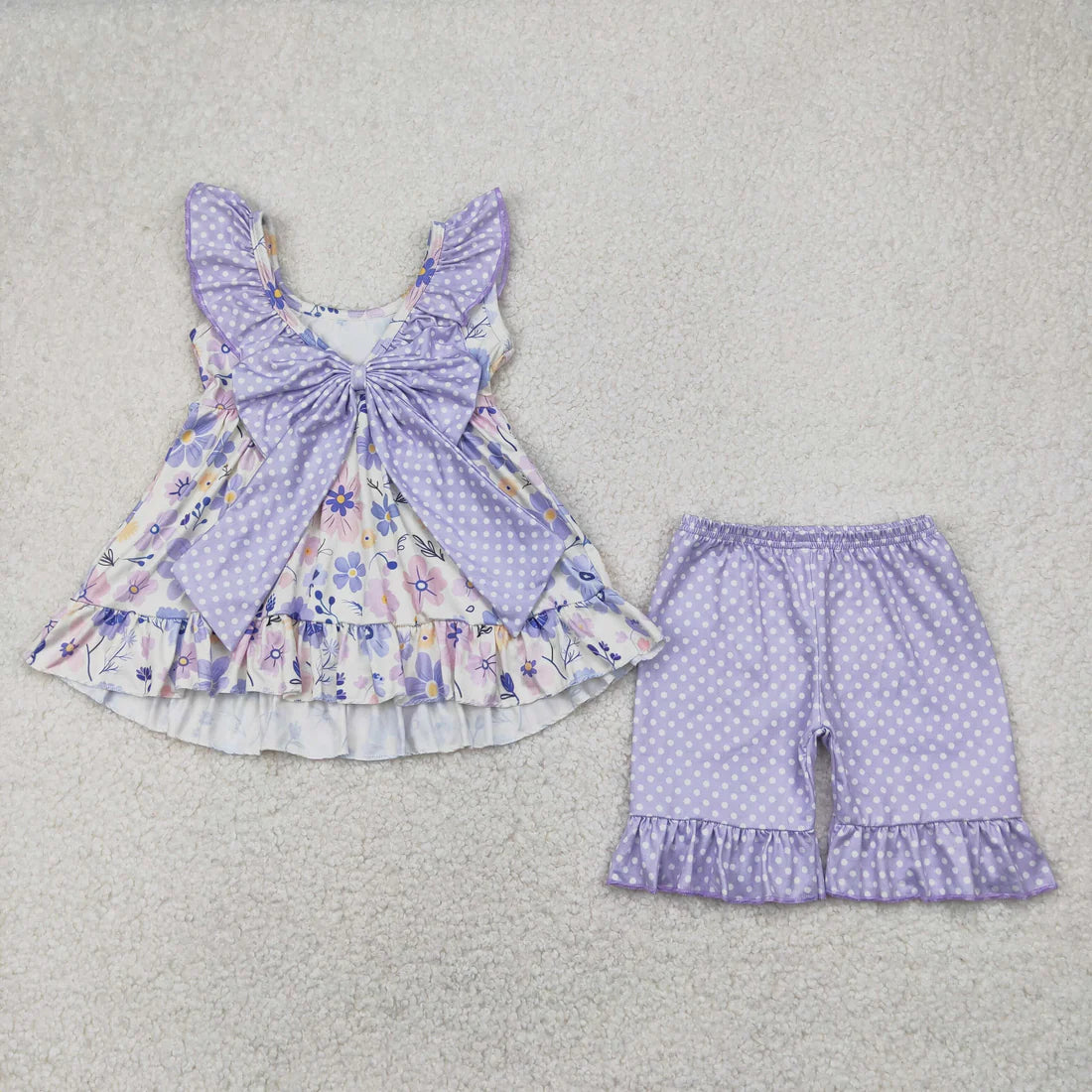 11.10 RTS Sibling Baby Girls Lavender Flowers Bow Tunic Ruffle Shorts Clothes Sets Rompers