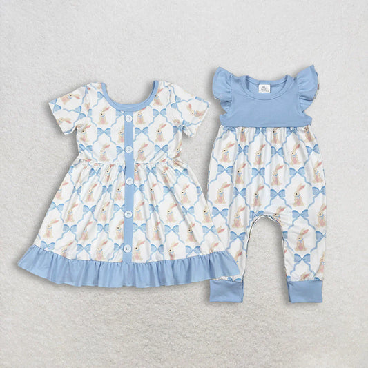 1.10 RTS Sibling Sibling Baby Girls Bows Rabbits Checked Easter Ruffle Knee Length Dress Rompers