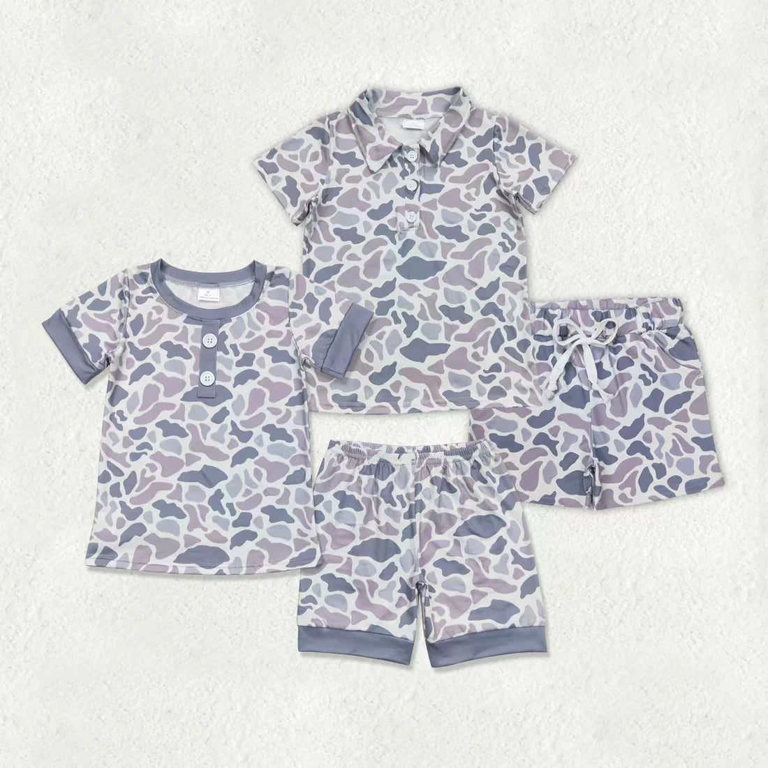 12.8 RTS Sibling Baby Boys Southern Light Grey Camo Button Shirts Top Shorts Pajamas Clothes Set