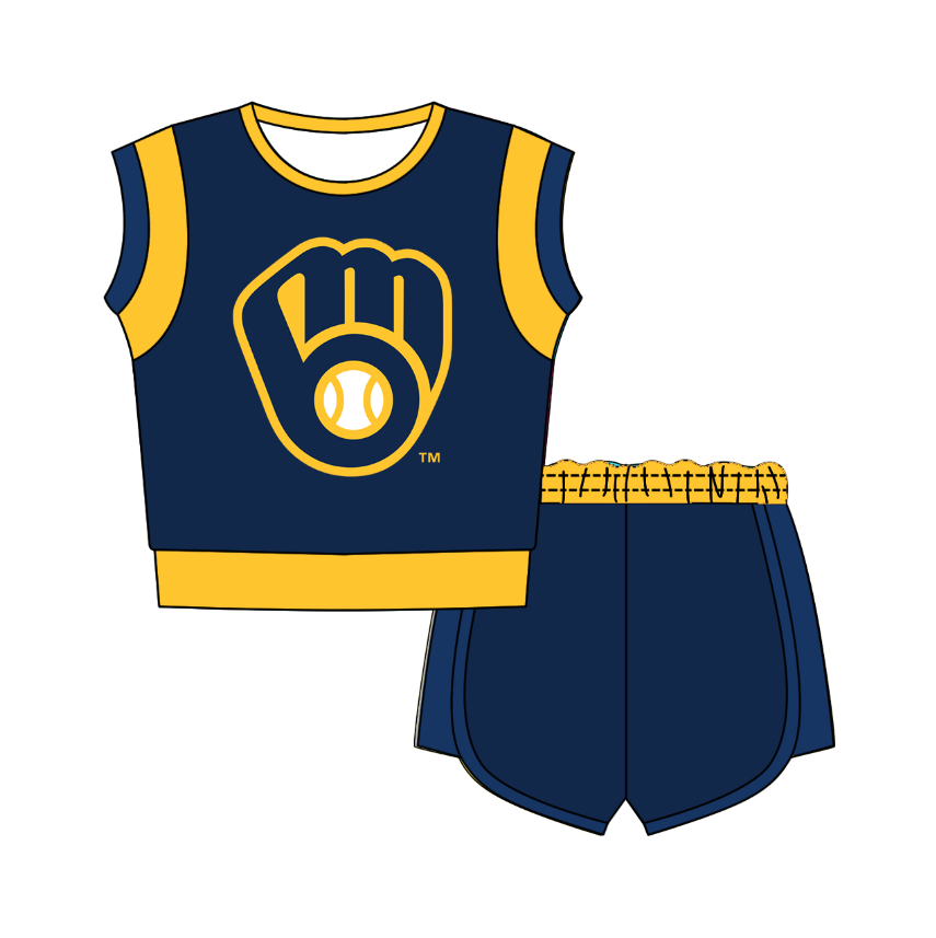 CUSTOM MOQ 5 Cute Comfortable Clothing For Kids Baby Kids Summer Dark Blue Baseball Sleeveless Patchwork Top Shorts Clothes Sets
