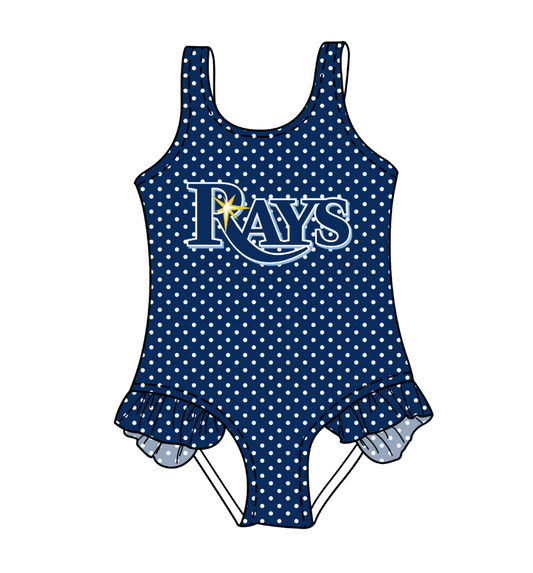 CUSTOM MOQ 5 Cute Comfortable Clothing For Kids Baby Girls Blue RAYS Polka Dots Ruffle Team One Piece Swimsuits