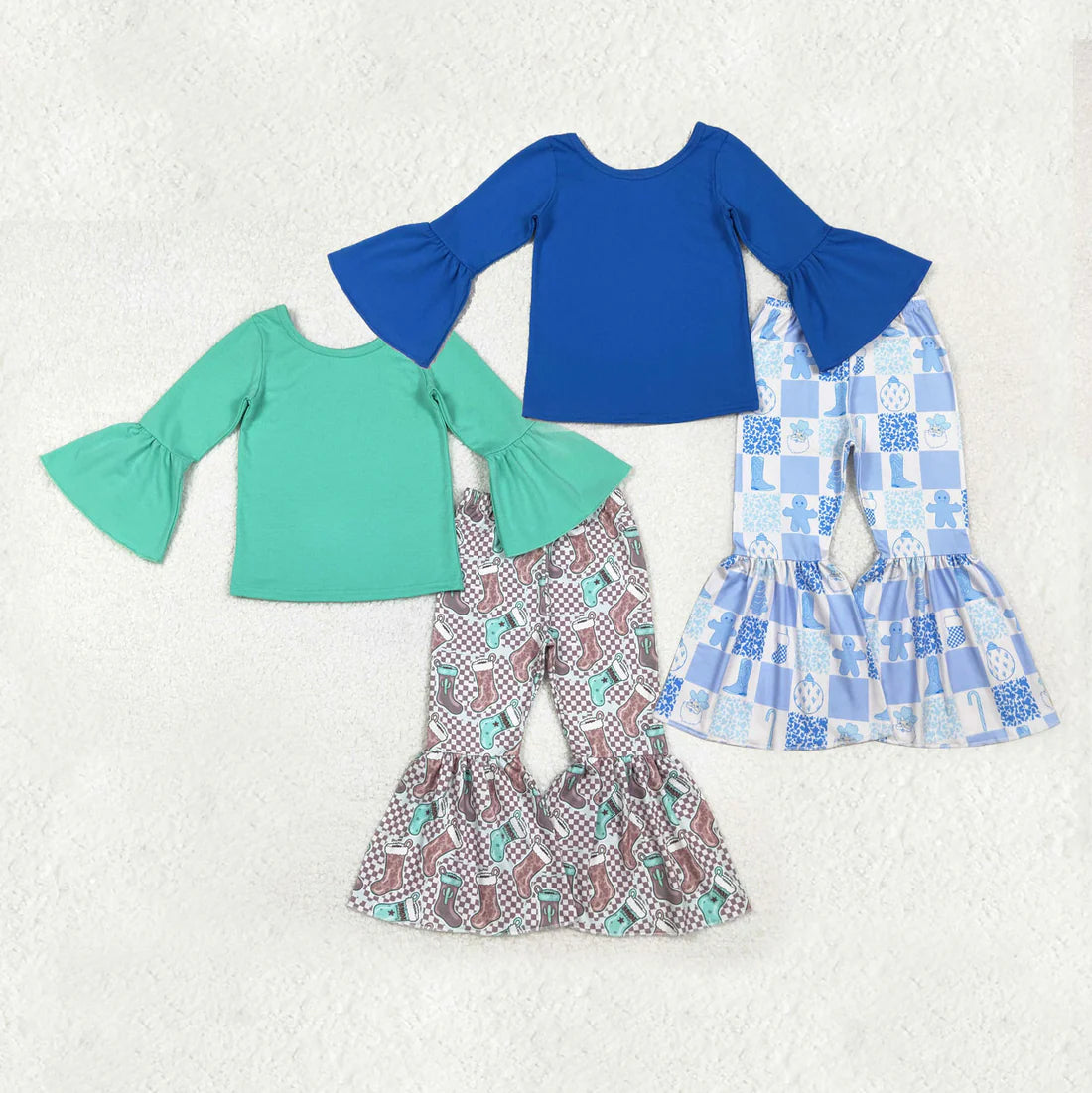 11.7 RTS Sibling Baby Girls Bell Sleeve Shirts Top Boots Santa Bell Bottom Pants Christmas Clothes Sets