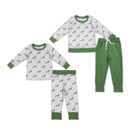 10.1 RTS Sibling Baby Boys Long Sleeves Green Ducks Plaid Top Pants Western Set