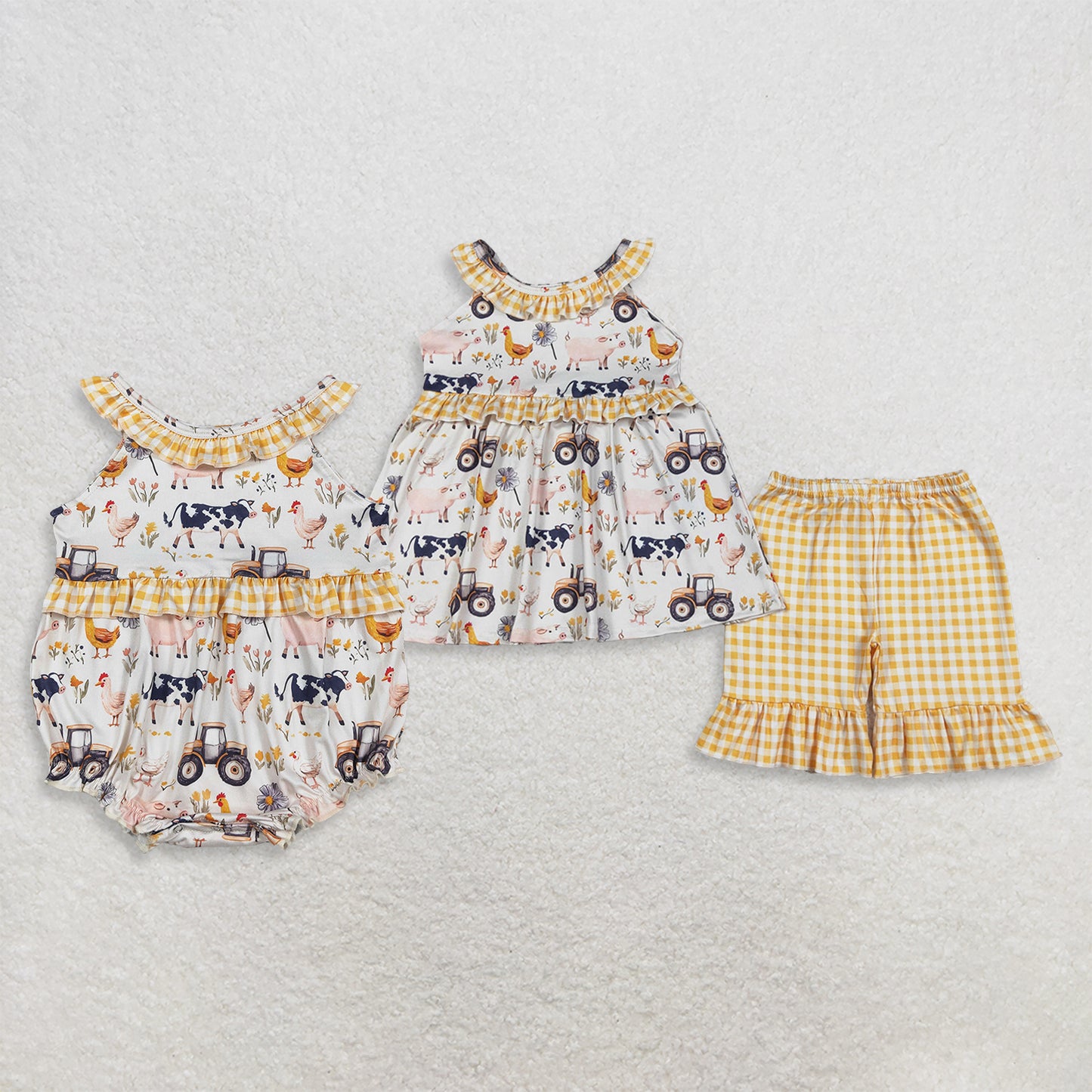 RTS Sibling Sleeveless farm ruffle tunic yellow plaid shorts girls outfits and romper