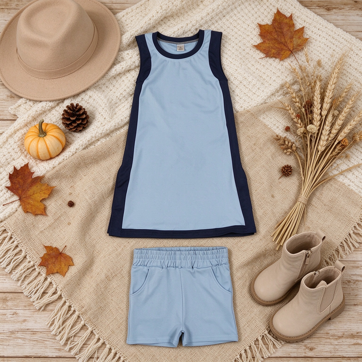 RTS NO MOQ （In stock）yoga fabric cotton GSSO3847（GSD4256+SS0961）Yoga Separate Shorts Baby Girls Light Blue Sleeveless Top Split Hem Short Yoga Skirt Active Clothes Set