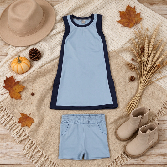 RTS NO MOQ （In stock）yoga fabric cotton GSSO3847（GSD4256+SS0961）Yoga Separate Shorts Baby Girls Light Blue Sleeveless Top Split Hem Short Yoga Skirt Active Clothes Set