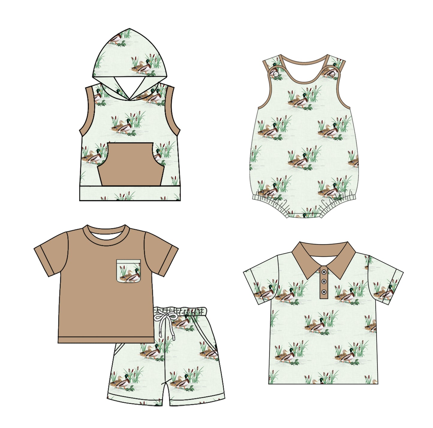 Baby Boys Brown Short Sleeves Pocket Top Ducks Shorts Set