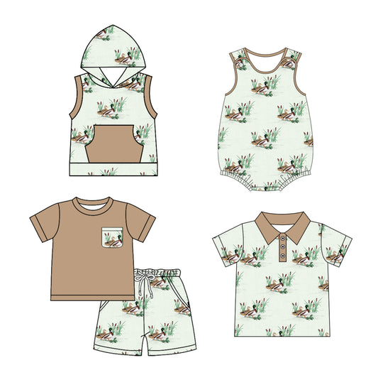 Baby Boys Brown Short Sleeves Pocket Top Ducks Shorts Set