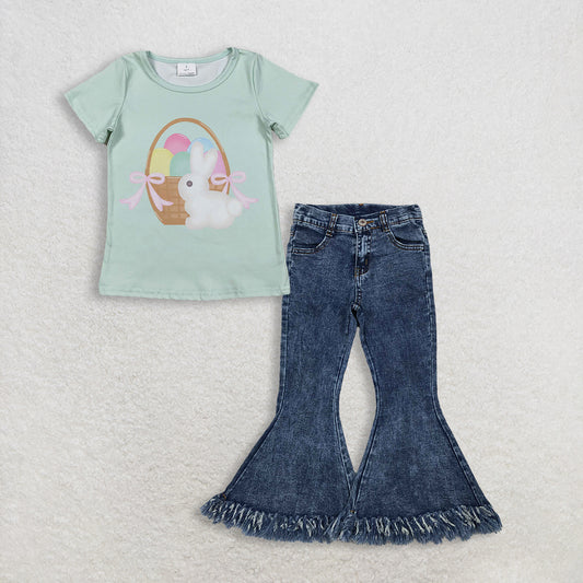 3.6 RTS NO MOQ （In stock）GT1396 + P0132 Baby Girls Short Sleeve Rabbits Eggs Easter T-shirts Top Denim Pants Jeans Clothes Sets