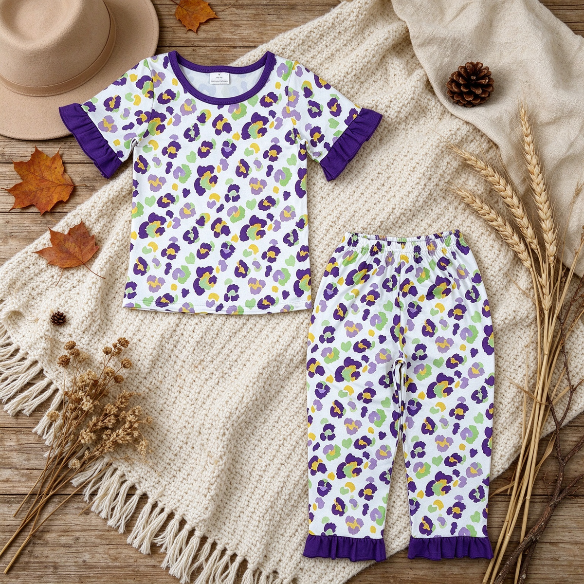 RTS NO MOQ （In stock）milk silk GSPO2388 Baby Girls Leopard Print Short Sleeve Top Ruffle Hem Pant Pajamas Set