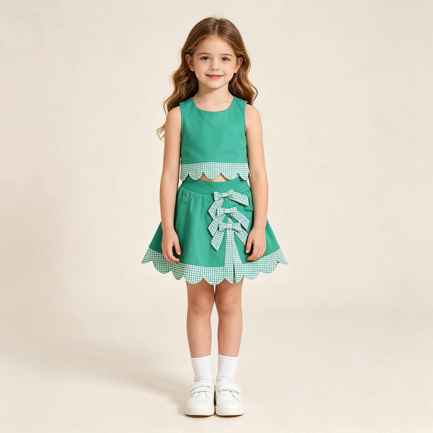 GSD3320 RTS NO MOQ （In stock ）Sleeveless green crop top plaid bow skirt kids girls active set