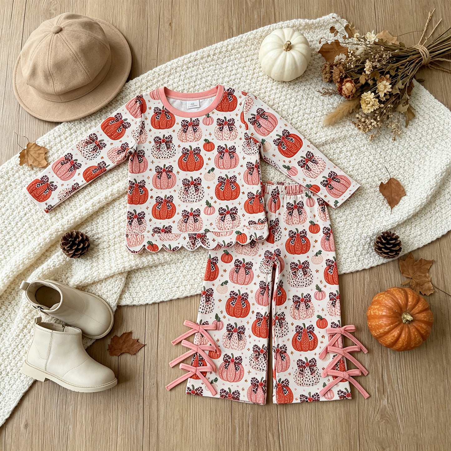RTS NO MOQ milk silk GLP3435 Baby Girls Leopard Bows Pumpkins Scallop Top Bows Pants Fall Clothes Set