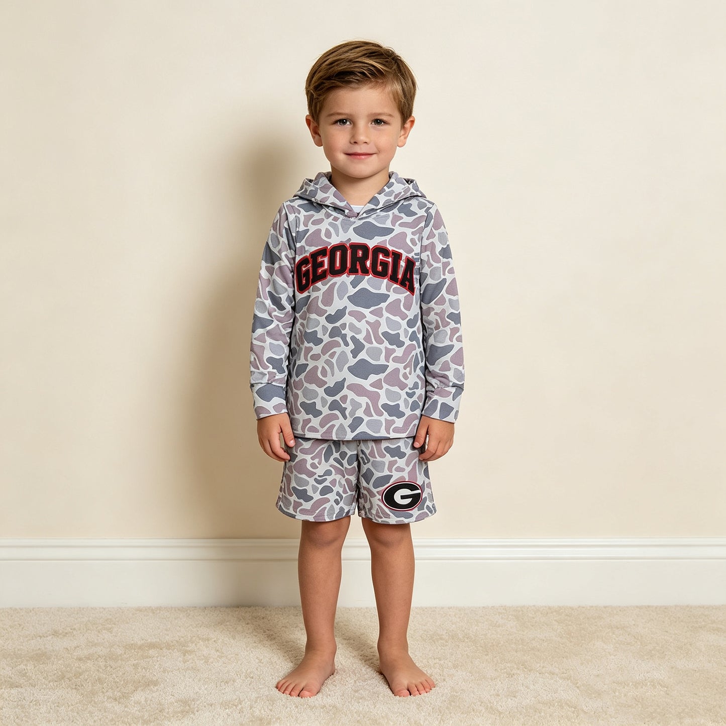 RTS NO MOQ milk silk BLS0047 Baby Boys Light Grey Camo Georgia Long Sleeve Hoodie Pockets Short Team Clothes Set
