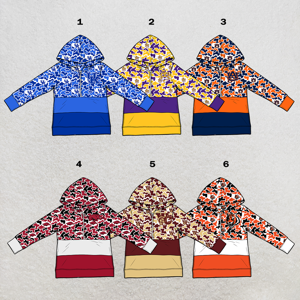 CUSTOM MOQ 5 mix size summer teams Baby Kids Camo Half Zip Hoodie Sports Team Logo Toddler Hooded Sweatshirt