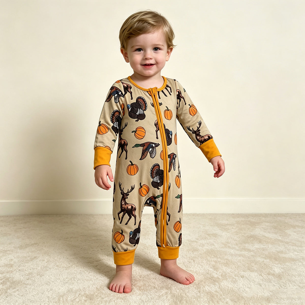 RTS NO MOQ milk silk LR3251 Baby Boys Pumpkins Turkey Ducks Deer Print Two Way Zip Front Convertible Thanksgivings  Romper