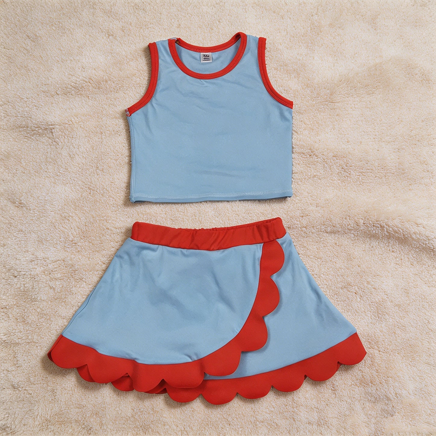 GSD4020 RTS NO MOQ （In stock）Sleeveless light blue orange scallop kids girls active wear set