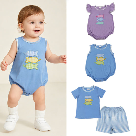 RTS Sibling Short sleeves fish top plaid shorts kids boys outfits