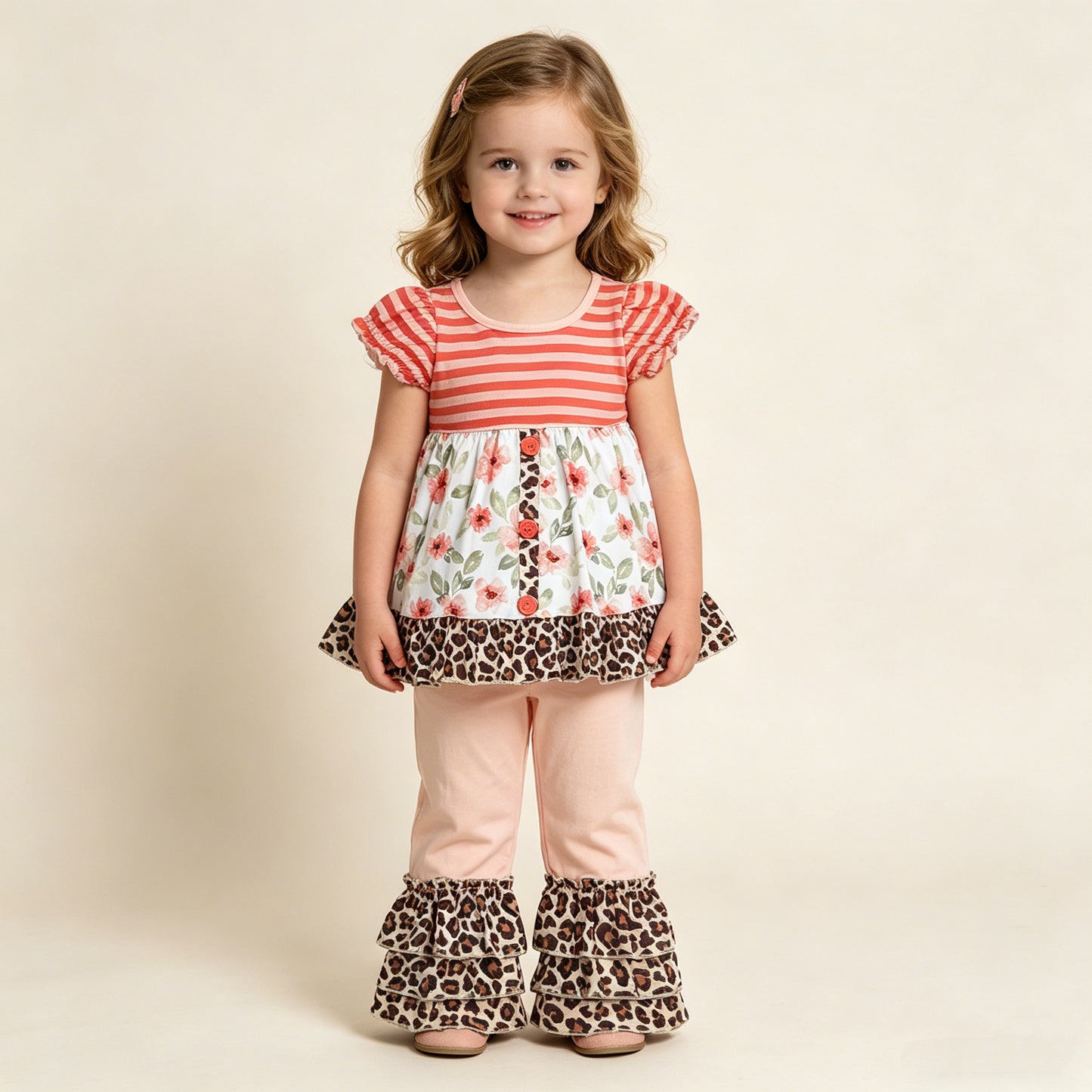 4.15 GSPO1044 RTS NO MOQ （In stock ）Short sleeves floral leopard tunic ruffle pants girls clothing